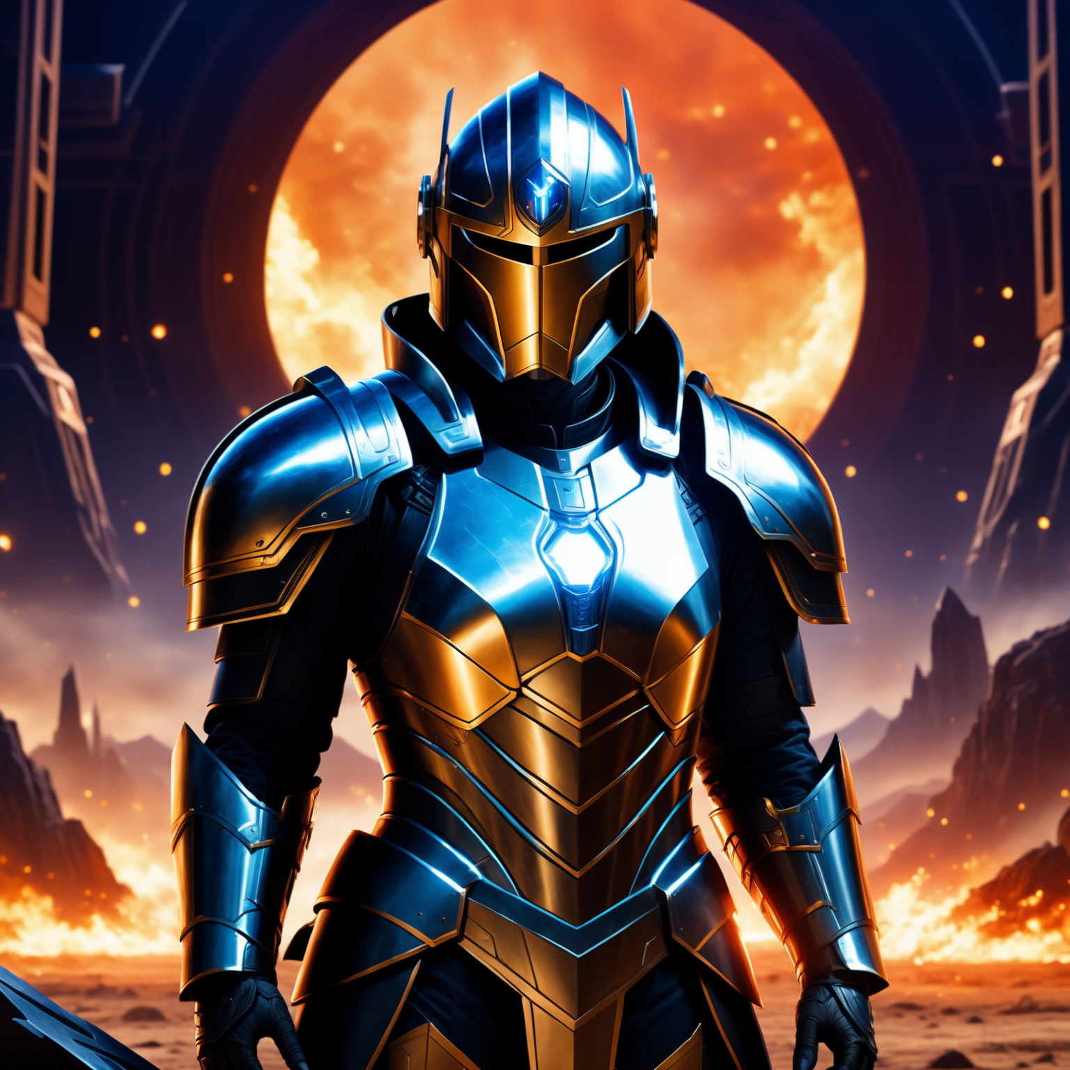 Quantum Knight, clad in armor embedded with quantum circuits, stands before a chaotic battlefield. The scene captures the ...